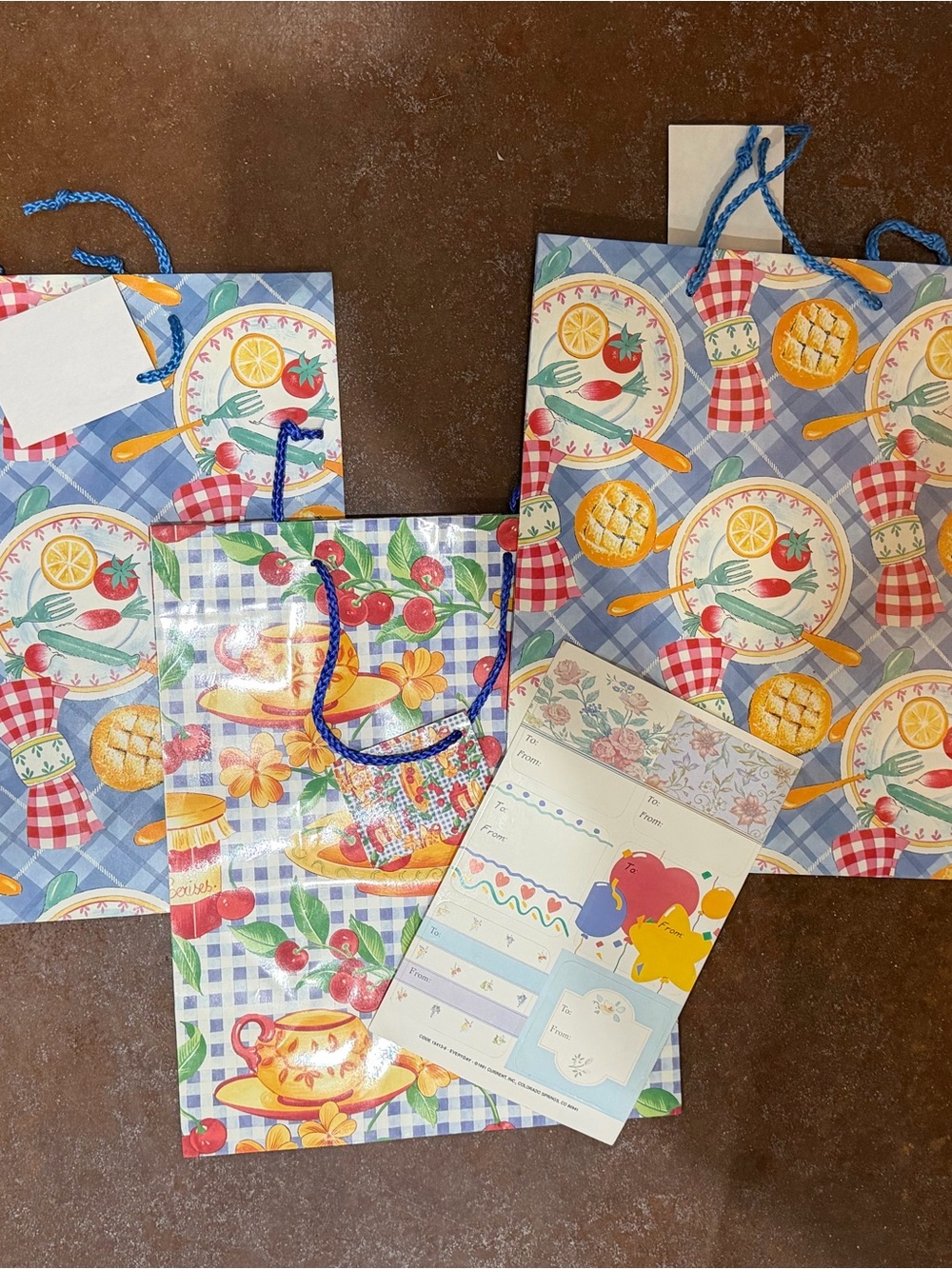 Vintage 1990s Blue Plaid Kitchen-Themed Gift Bags with Blue Rope Handles
